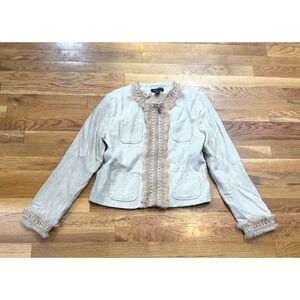 Anne Carson Silk Blend Tweed Jacket Faux Fur Trim‎ Zip Front Cream Tan Large